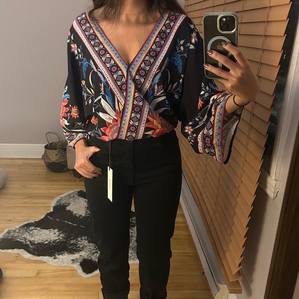 Bohemian Floral V-Neck Blouse - Black